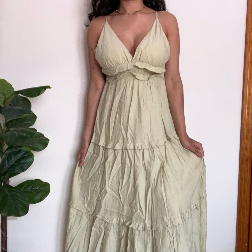 Pinkblush Maternity Light Green Ruffle Maxi Dress Sz Medium Boho Spaghetti Strap